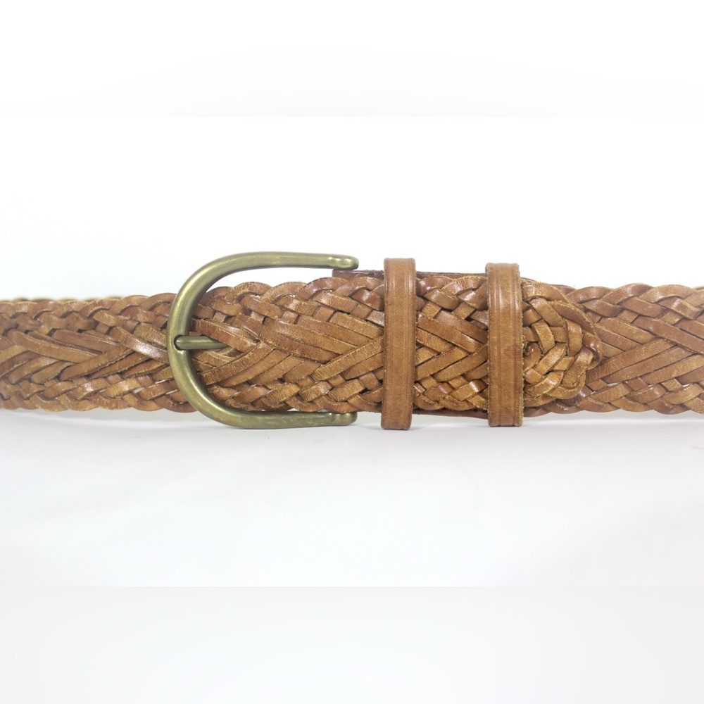 Wide Woven Tan Leather Brown Belt Braided with Brass Buckle Thailand
